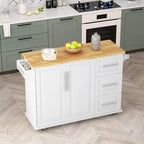 Carrito de isla de cocina rodante en blanco y negro, 3 cajones y gabinete de 2 puertas