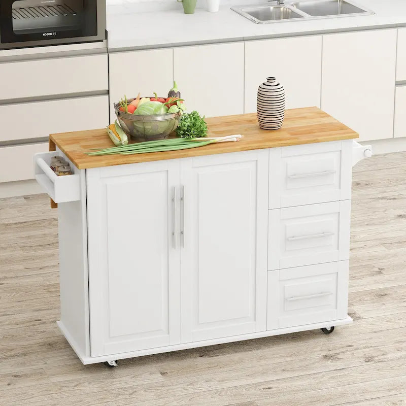 Carrito de isla de cocina rodante en blanco y negro, 3 cajones y gabinete de 2 puertas