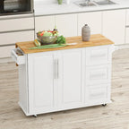 Carrito de isla de cocina rodante en blanco y negro, 3 cajones y gabinete de 2 puertas