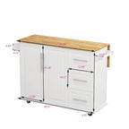 Carrito de isla de cocina rodante en blanco y negro, 3 cajones y gabinete de 2 puertas