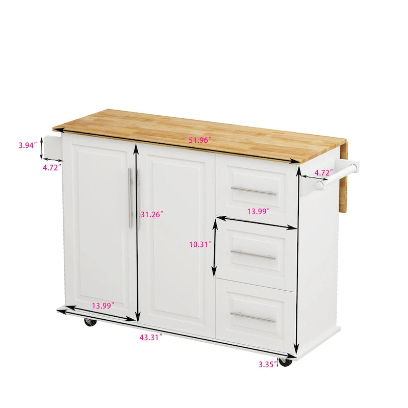 Carrito de isla de cocina rodante en blanco y negro, 3 cajones y gabinete de 2 puertas
