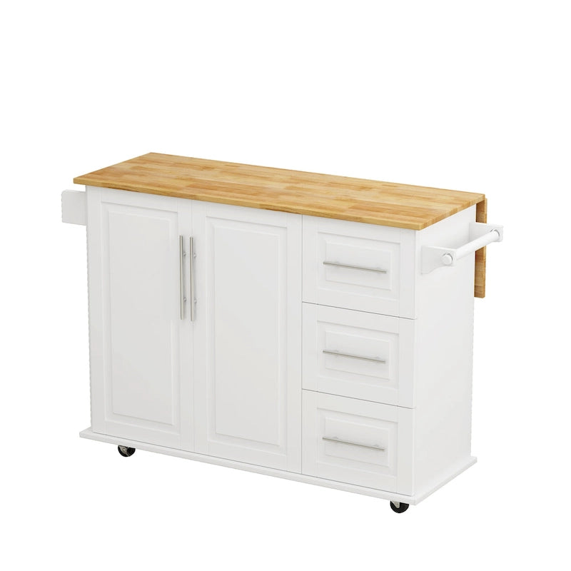 Carrito de isla de cocina rodante en blanco y negro, 3 cajones y gabinete de 2 puertas
