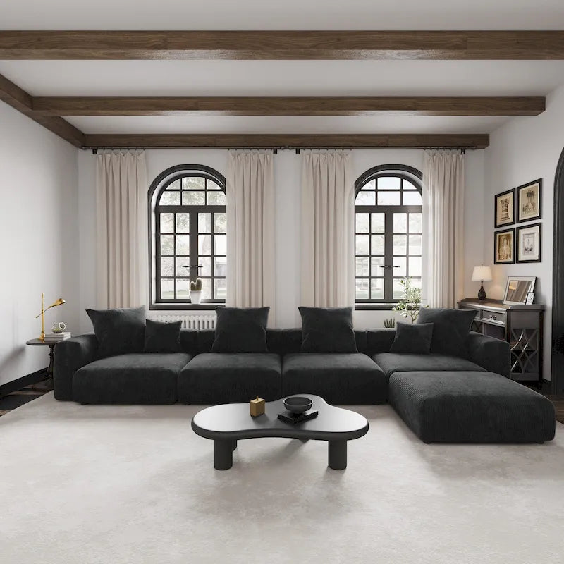 Sofá seccional de pana en forma de L, negro/beige/marrón claro, con brazos o sin brazos, capacidad para 5 personas