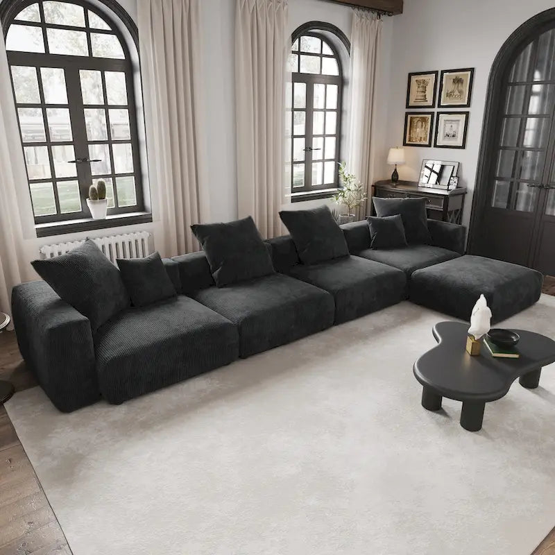 Sofá seccional de pana en forma de L, negro/beige/marrón claro, con brazos o sin brazos, capacidad para 5 personas