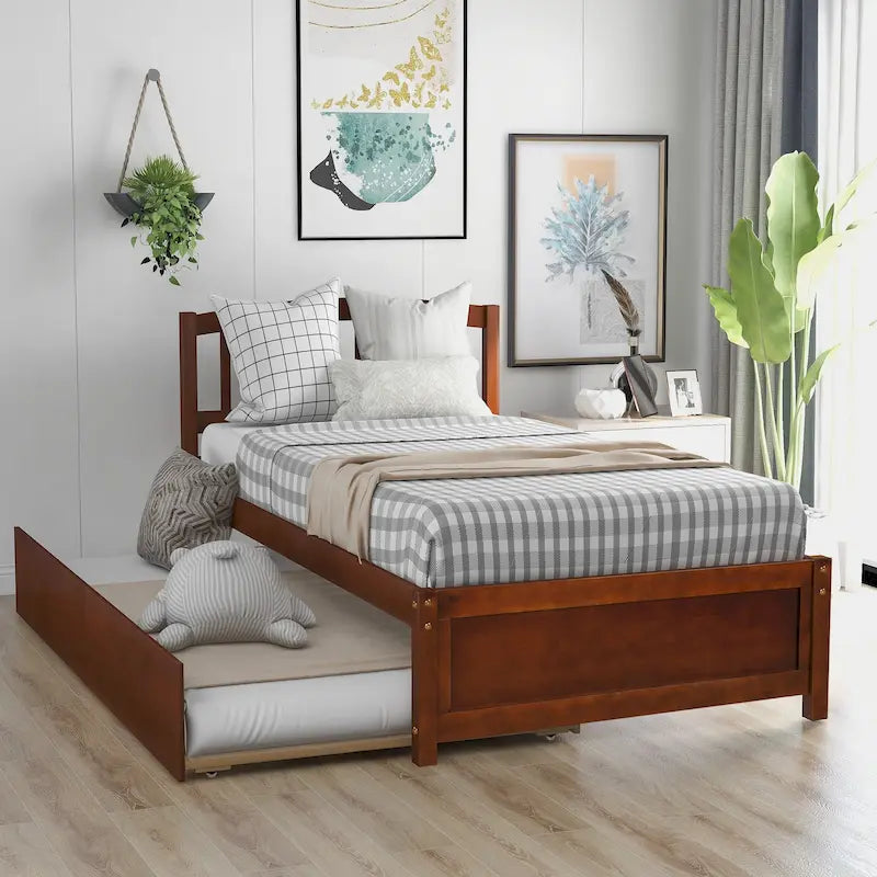 Estructura de cama individual de madera con plataforma y cama nido