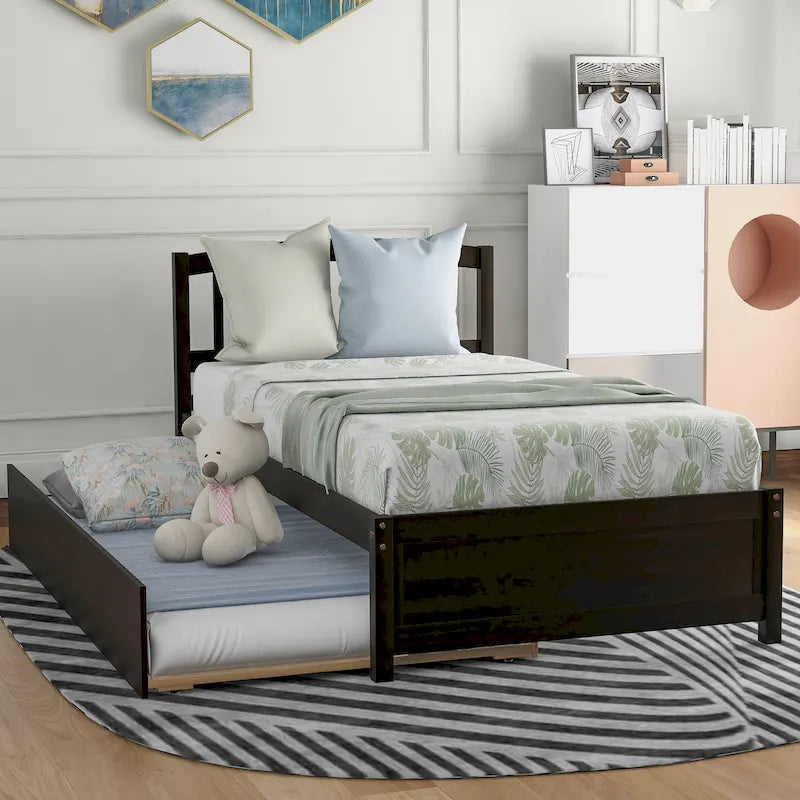 Estructura de cama individual de madera con plataforma y cama nido