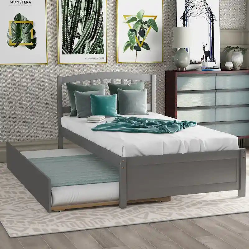 Estructura de cama individual de madera con plataforma y cama nido