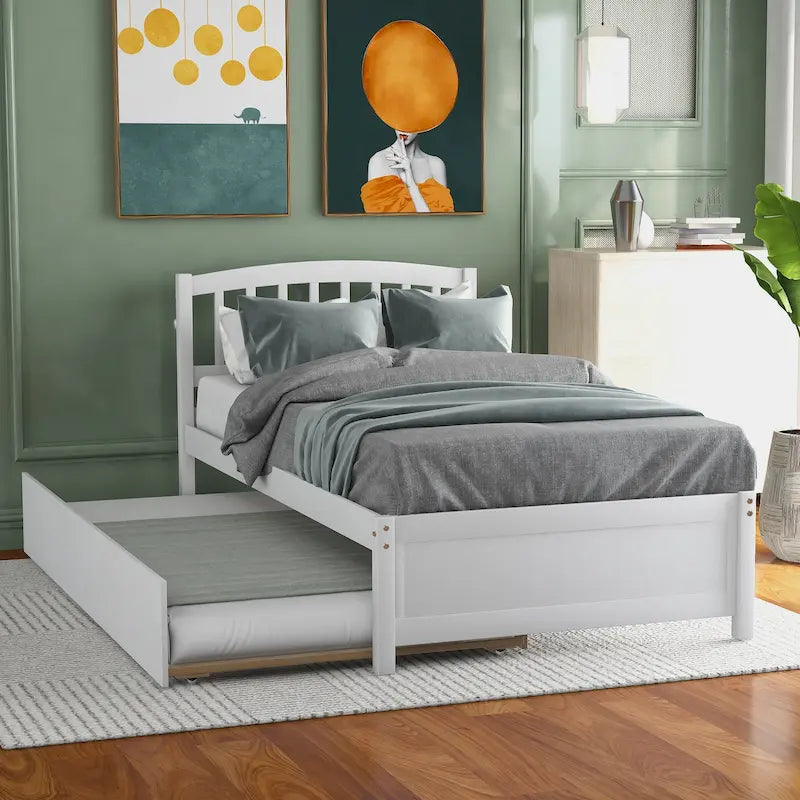 Estructura de cama individual de madera con plataforma y cama nido