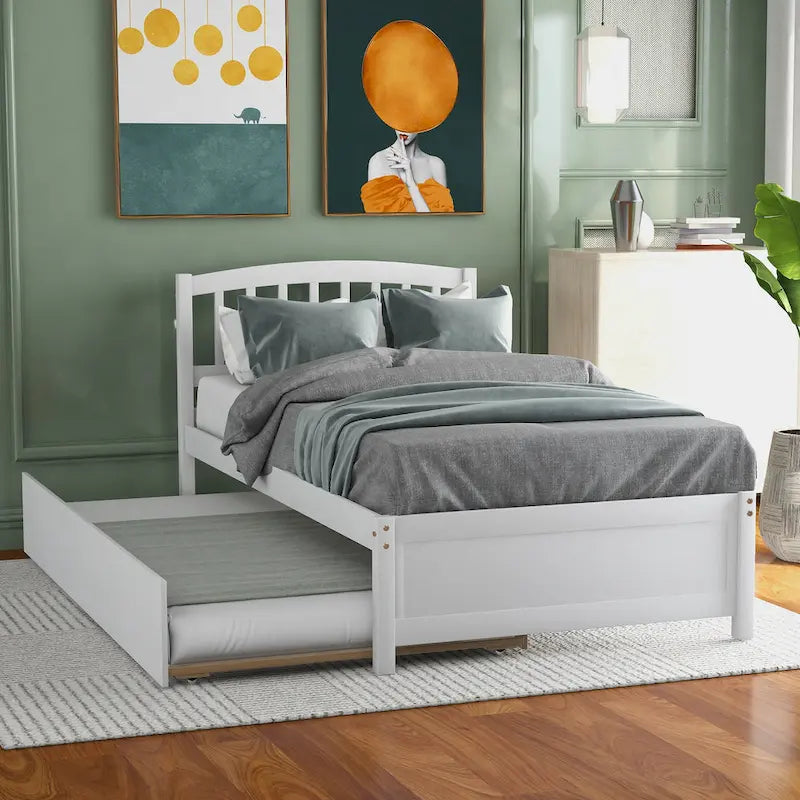 Estructura de cama individual de madera con plataforma y cama nido