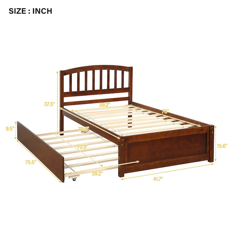 Estructura de cama individual de madera con plataforma y cama nido