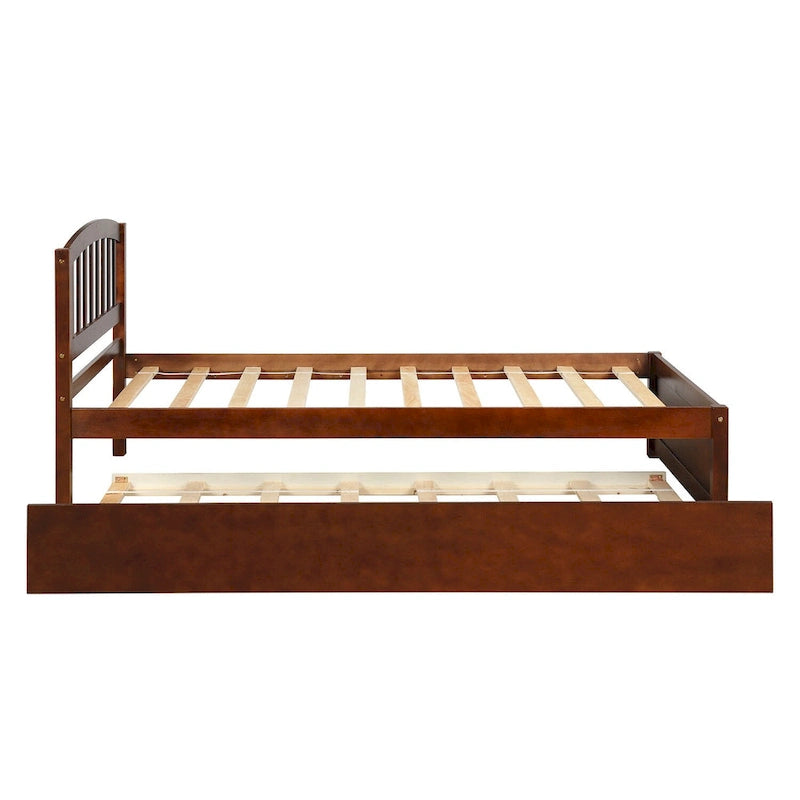 Estructura de cama individual de madera con plataforma y cama nido