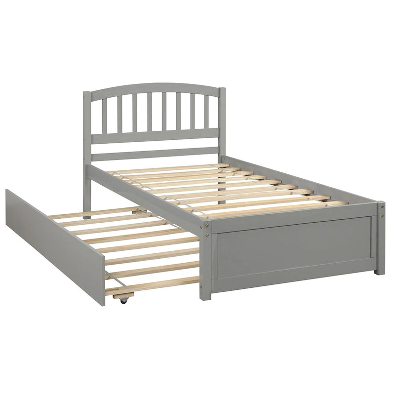 Estructura de cama individual de madera con plataforma y cama nido