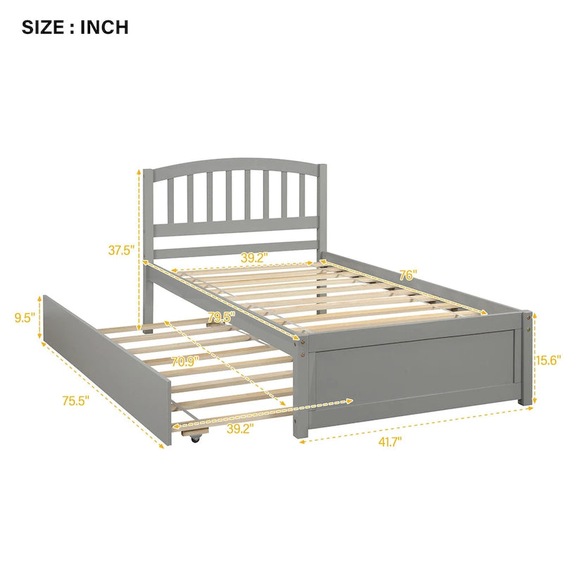 Estructura de cama individual de madera con plataforma y cama nido