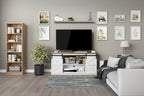 Mueble de TV con puerta de granero estilo rústico en blanco/espresso/roble, 2 estantes, para televisores de hasta 65", requiere montaje de 1 persona