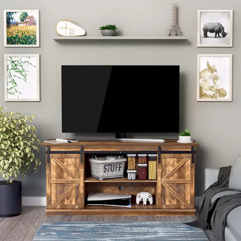 Mueble de TV con puerta de granero estilo rústico en blanco/espresso/roble, 2 estantes, para televisores de hasta 65", requiere montaje de 1 persona