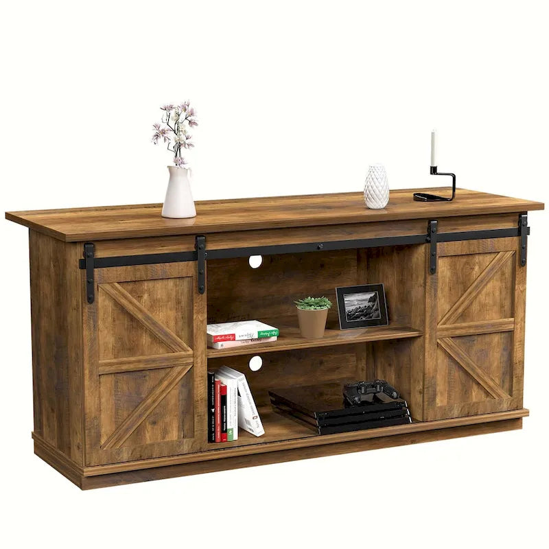 Mueble de TV con puerta de granero estilo rústico en blanco/espresso/roble, 2 estantes, para televisores de hasta 65", requiere montaje de 1 persona