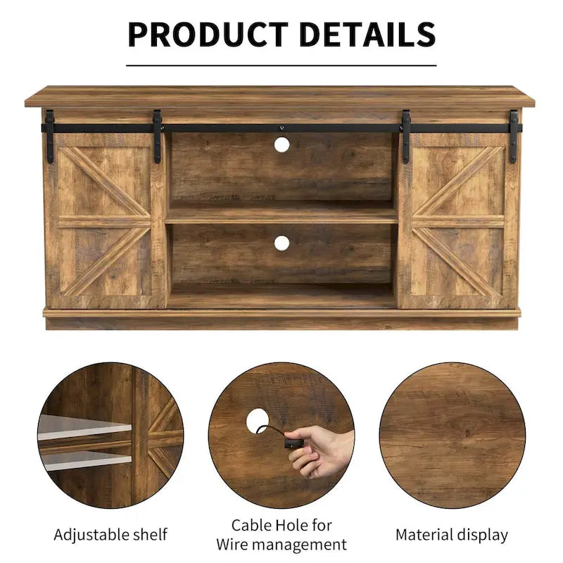 Mueble de TV con puerta de granero estilo rústico en blanco/espresso/roble, 2 estantes, para televisores de hasta 65", requiere montaje de 1 persona