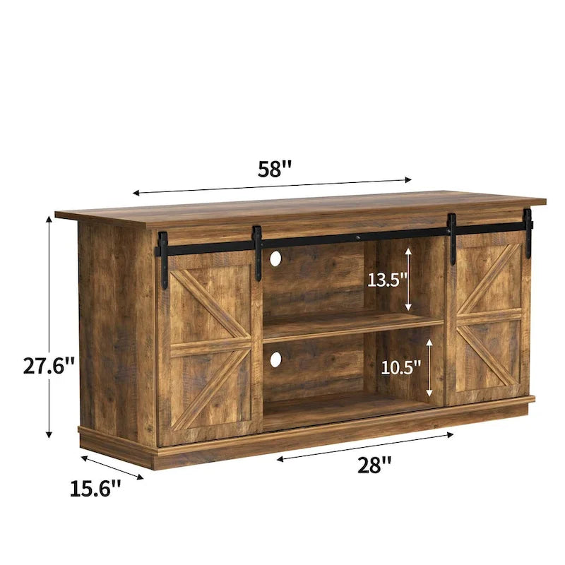 Mueble de TV con puerta de granero estilo rústico en blanco/espresso/roble, 2 estantes, para televisores de hasta 65", requiere montaje de 1 persona