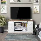 Mueble de TV con puerta de granero estilo rústico en blanco/espresso/roble, 2 estantes, para televisores de hasta 65", requiere montaje de 1 persona