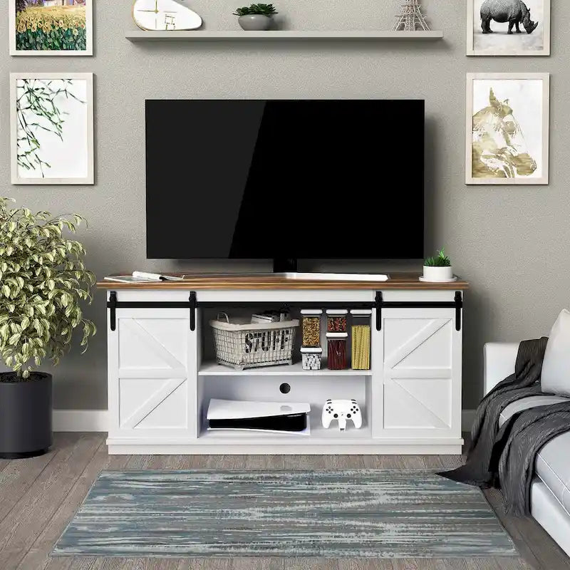 Mueble de TV con puerta de granero estilo rústico en blanco/espresso/roble, 2 estantes, para televisores de hasta 65", requiere montaje de 1 persona