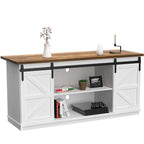 Mueble de TV con puerta de granero estilo rústico en blanco/espresso/roble, 2 estantes, para televisores de hasta 65", requiere montaje de 1 persona
