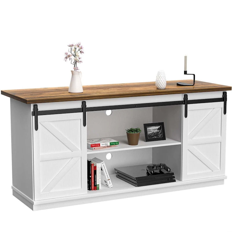 Mueble de TV con puerta de granero estilo rústico en blanco/espresso/roble, 2 estantes, para televisores de hasta 65", requiere montaje de 1 persona