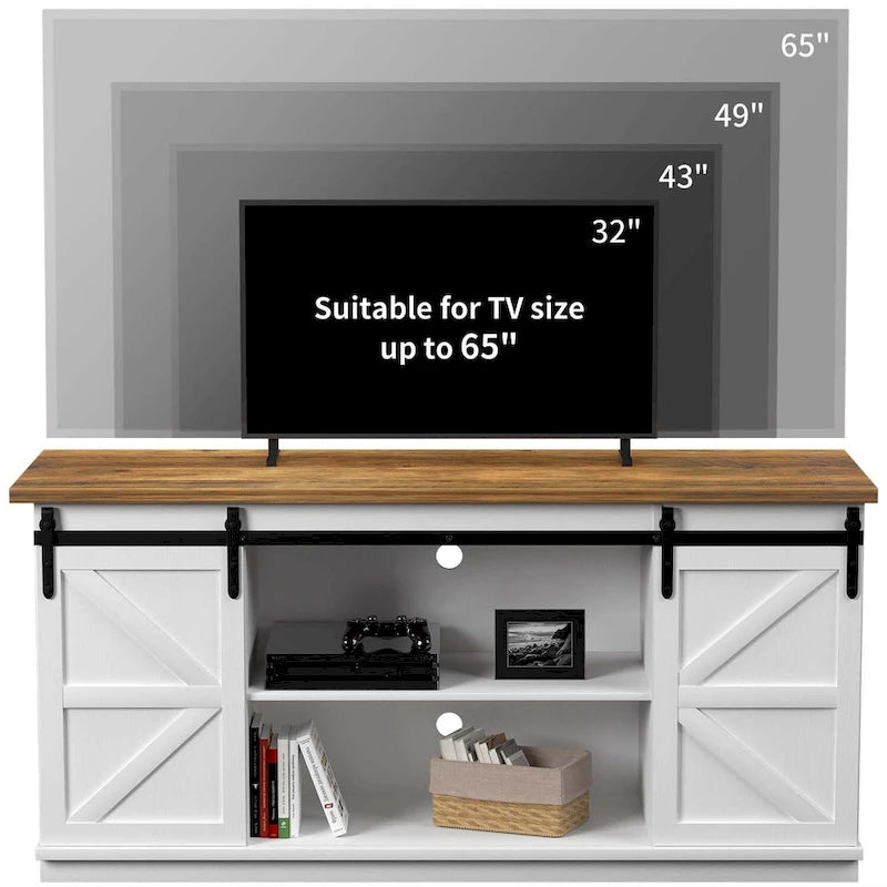 Mueble de TV con puerta de granero estilo rústico en blanco/espresso/roble, 2 estantes, para televisores de hasta 65", requiere montaje de 1 persona