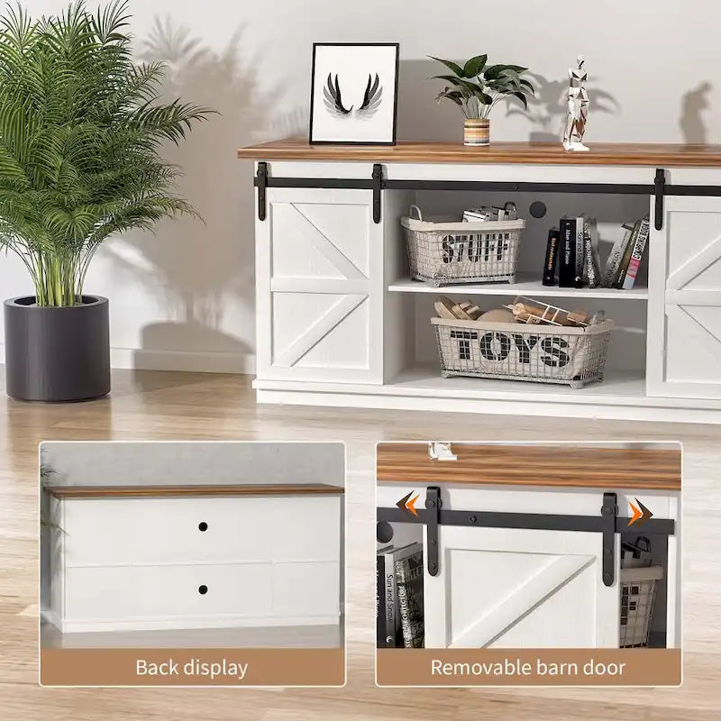 Mueble de TV con puerta de granero estilo rústico en blanco/espresso/roble, 2 estantes, para televisores de hasta 65", requiere montaje de 1 persona