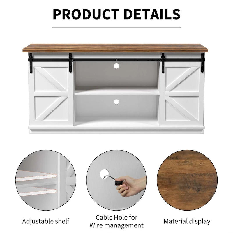 Mueble de TV con puerta de granero estilo rústico en blanco/espresso/roble, 2 estantes, para televisores de hasta 65", requiere montaje de 1 persona