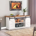 Mueble de TV con puerta de granero estilo rústico en blanco/espresso/roble, 2 estantes, para televisores de hasta 65", requiere montaje de 1 persona