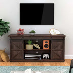 Mueble de TV con puerta de granero estilo rústico en blanco/espresso/roble, 2 estantes, para televisores de hasta 65", requiere montaje de 1 persona