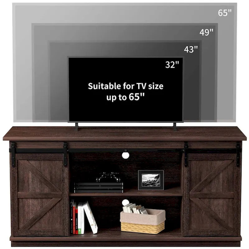 Mueble de TV con puerta de granero estilo rústico en blanco/espresso/roble, 2 estantes, para televisores de hasta 65", requiere montaje de 1 persona
