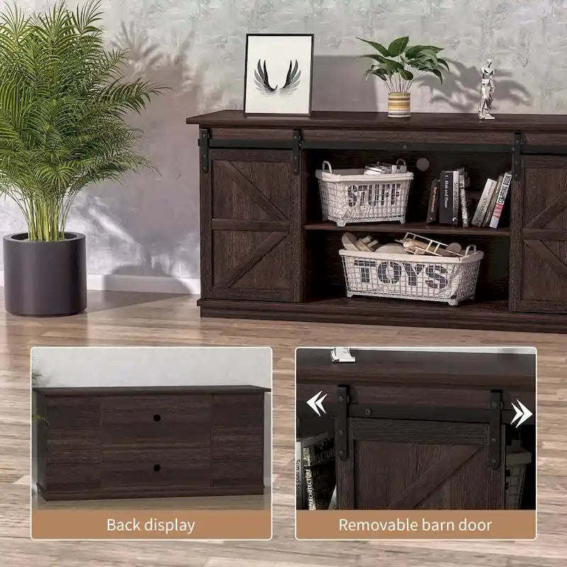 Mueble de TV con puerta de granero estilo rústico en blanco/espresso/roble, 2 estantes, para televisores de hasta 65", requiere montaje de 1 persona