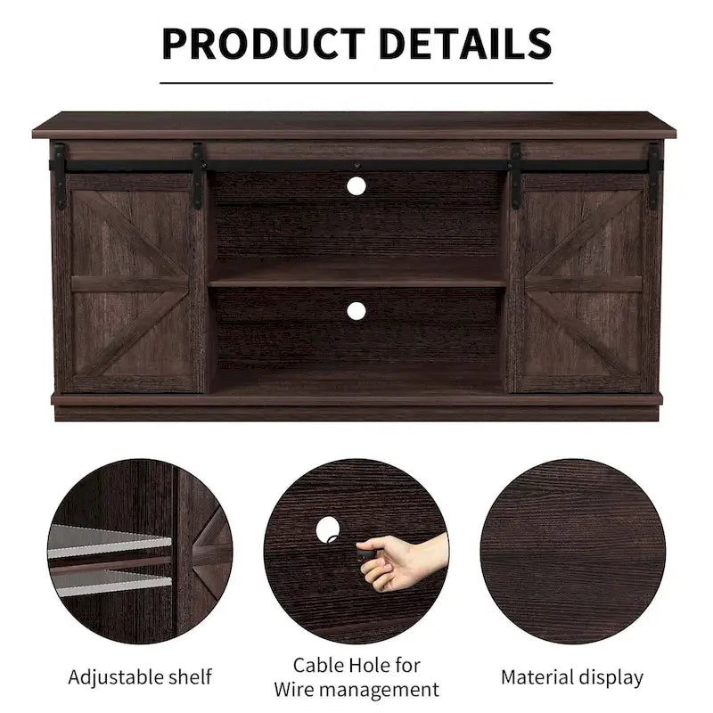 Mueble de TV con puerta de granero estilo rústico en blanco/espresso/roble, 2 estantes, para televisores de hasta 65", requiere montaje de 1 persona
