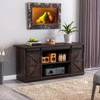 Mueble de TV con puerta de granero estilo rústico en blanco/espresso/roble, 2 estantes, para televisores de hasta 65", requiere montaje de 1 persona