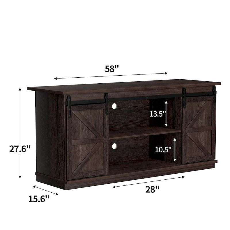 Mueble de TV con puerta de granero estilo rústico en blanco/espresso/roble, 2 estantes, para televisores de hasta 65", requiere montaje de 1 persona