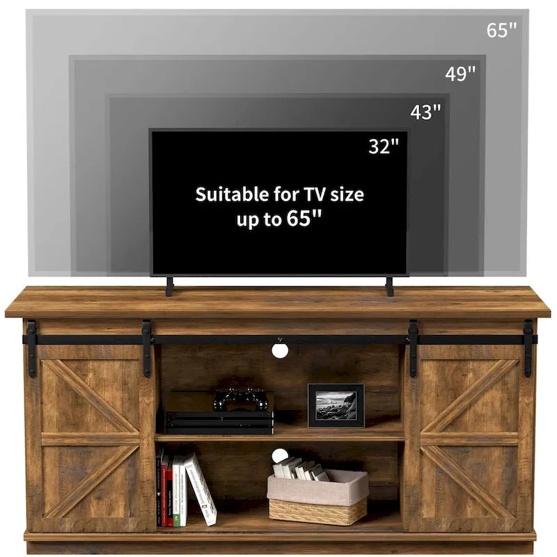 Mueble de TV con puerta de granero estilo rústico en blanco/espresso/roble, 2 estantes, para televisores de hasta 65", requiere montaje de 1 persona