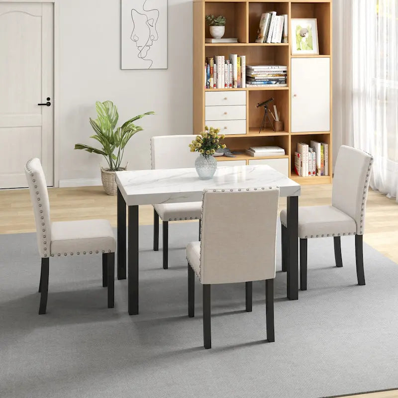 Juego de comedor de 5 piezas con cubierta de imitación mármol blanco, patas de madera natural, capacidad para 4 personas