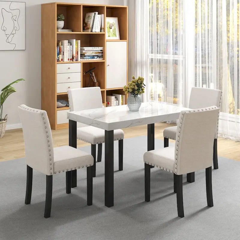 Juego de comedor de 5 piezas con cubierta de imitación mármol blanco, patas de madera natural, capacidad para 4 personas