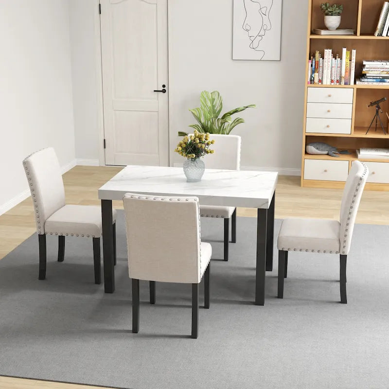 Juego de comedor de 5 piezas con cubierta de imitación mármol blanco, patas de madera natural, capacidad para 4 personas
