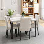 Juego de comedor de 5 piezas con cubierta de imitación mármol blanco, patas de madera natural, capacidad para 4 personas