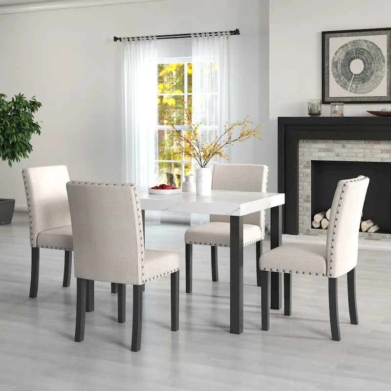 Juego de comedor de 5 piezas con cubierta de imitación mármol blanco, patas de madera natural, capacidad para 4 personas
