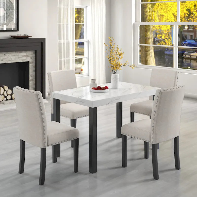Juego de comedor de 5 piezas con cubierta de imitación mármol blanco, patas de madera natural, capacidad para 4 personas