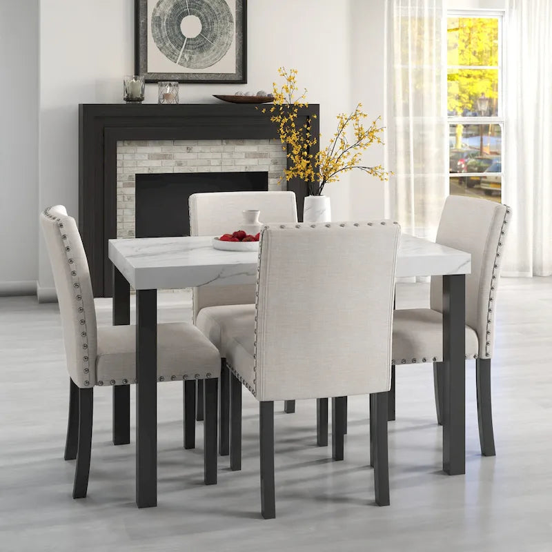 Juego de comedor de 5 piezas con cubierta de imitación mármol blanco, patas de madera natural, capacidad para 4 personas