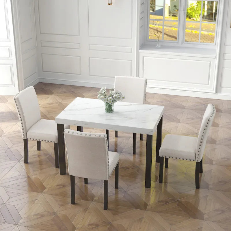 Juego de comedor de 5 piezas con cubierta de imitación mármol blanco, patas de madera natural, capacidad para 4 personas