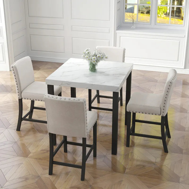 Juego de comedor de 5 piezas con cubierta de imitación mármol blanco, patas de madera natural, capacidad para 4 personas