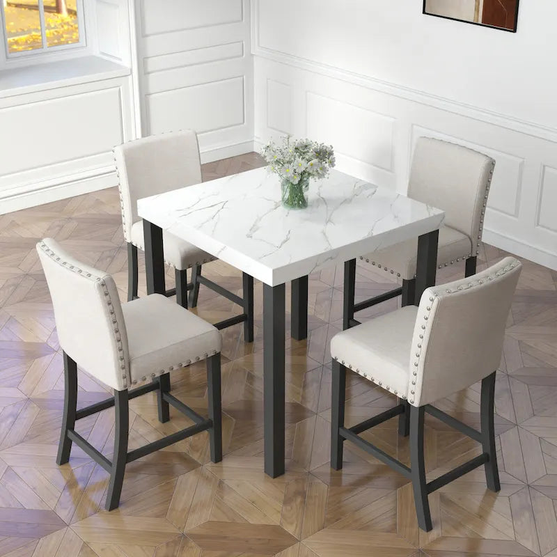 Juego de comedor de 5 piezas con cubierta de imitación mármol blanco, patas de madera natural, capacidad para 4 personas
