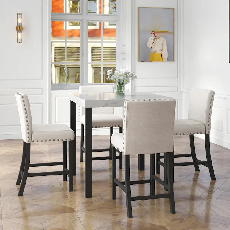 Juego de comedor de 5 piezas con cubierta de imitación mármol blanco, patas de madera natural, capacidad para 4 personas