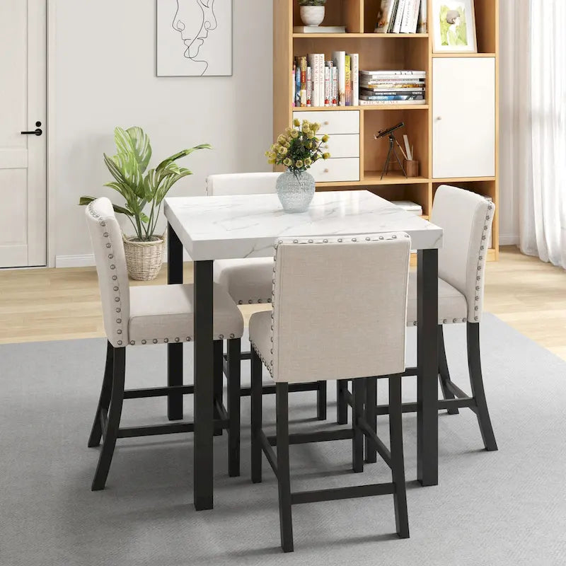 Juego de comedor de 5 piezas con cubierta de imitación mármol blanco, patas de madera natural, capacidad para 4 personas
