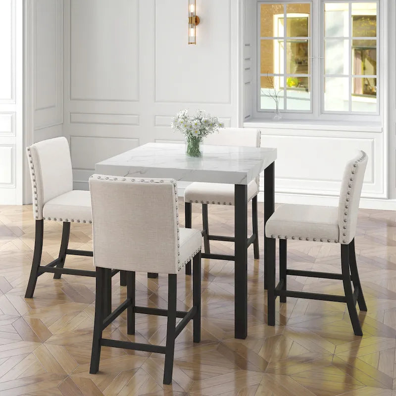 Juego de comedor de 5 piezas con cubierta de imitación mármol blanco, patas de madera natural, capacidad para 4 personas